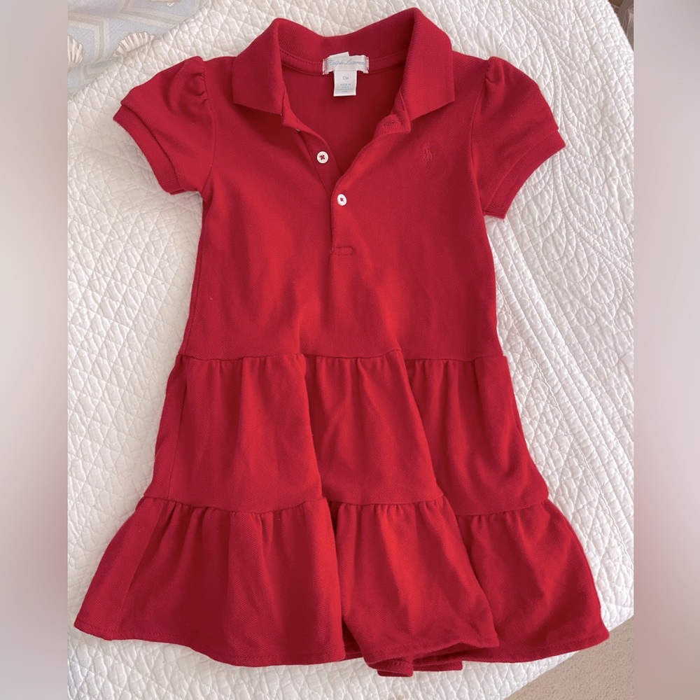 Ralph Lauren Red Polo Collared Dress Tiered Ruffle 12 months baby girl cotton